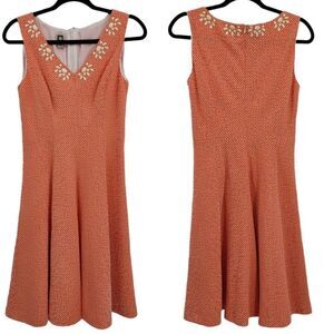 Vtg 80's Anne Klein Dress Sleeveless Shell Beaded V-neck A-line Midi Orange Sz 4